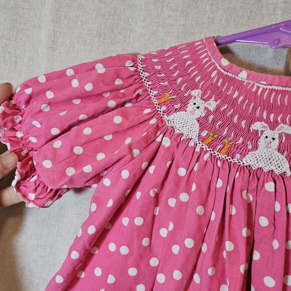 Dibble Dabble Baby Toddler Girl 24m Smocked Bunny Easter Pink White Polka Dot - Picture 3 of 8